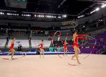 Gimnastlar Avropa Oyunlarında təqdim edəcəkləri çıxışları nümayiş etdiriblər. Bakı, Azərbaycan, 19 may 2015