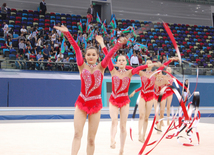 Gimnastlar Avropa Oyunlarında təqdim edəcəkləri çıxışları nümayiş etdiriblər. Bakı, Azərbaycan, 19 may 2015