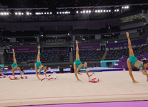 Тренировки запомнились выступлениями аэробных гимнастов, художественных гимнасток, акробатов, мужских и женских спортивных гимнастов. Баку, Азербайджан, 06 июня 2015 г. 