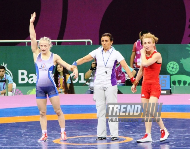 Avropa Oyunlarında qadınlar arasında güləş yarışlarında Azərbaycan 7-ci qızıl medalını qazandı. Bakı, Azərbaycan, 15 iyun 2015