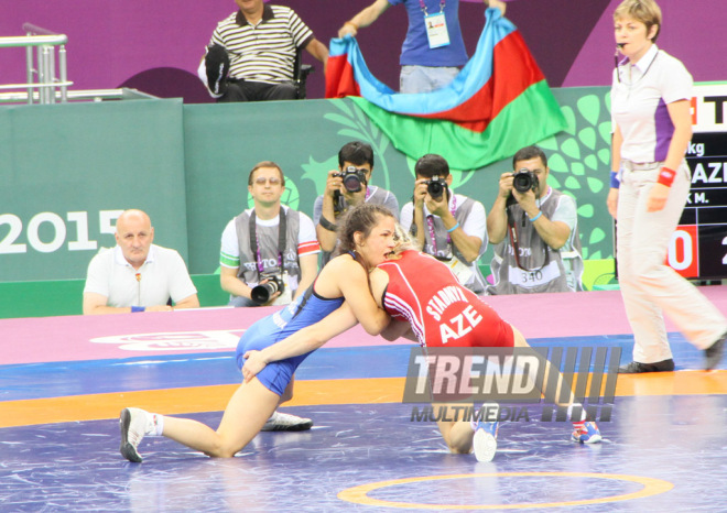 Avropa Oyunlarında qadınlar arasında güləş yarışlarında Azərbaycan 7-ci qızıl medalını qazandı. Bakı, Azərbaycan, 15 iyun 2015