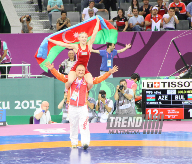 Avropa Oyunlarında qadınlar arasında güləş yarışlarında Azərbaycan 7-ci qızıl medalını qazandı. Bakı, Azərbaycan, 15 iyun 2015