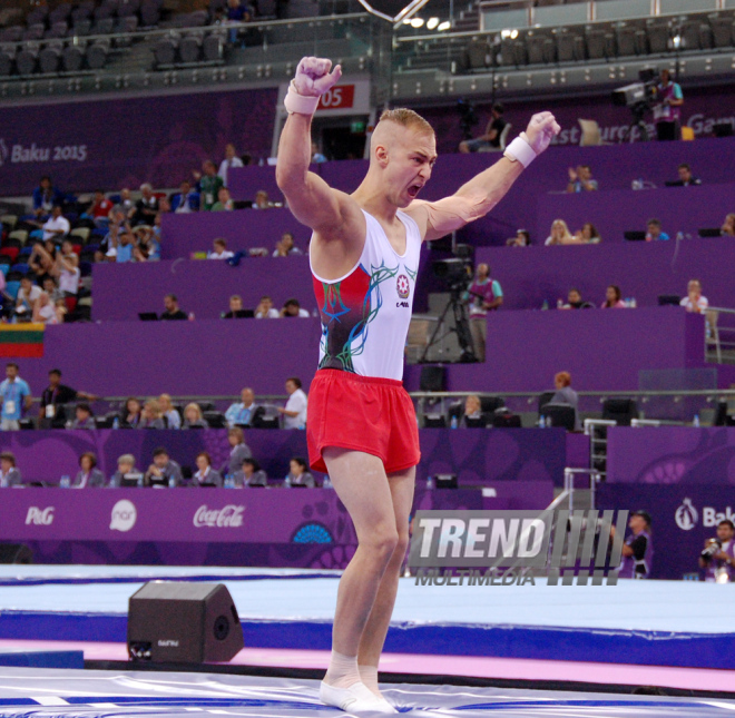 Azərbaycan gimnastları Avropa Oyunlarında yarışların ikinci günündə çıxış ediblər. Bakı, Azərbaycan, 15 iyun 2015