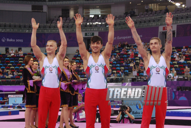 Azərbaycanın kişilərdən ibarət gimnastika yığması bürünc medal qazandı. Bakı, Azərbaycan, 15 iyun 2015