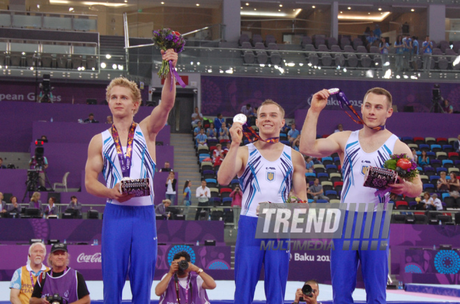 Azərbaycanın kişilərdən ibarət gimnastika yığması bürünc medal qazandı. Bakı, Azərbaycan, 15 iyun 2015