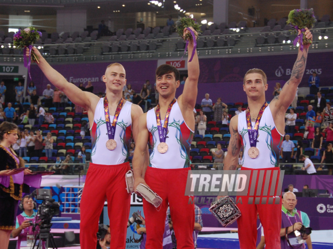 Azərbaycanın kişilərdən ibarət gimnastika yığması bürünc medal qazandı. Bakı, Azərbaycan, 15 iyun 2015