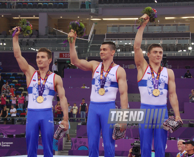 Azərbaycanın kişilərdən ibarət gimnastika yığması bürünc medal qazandı. Bakı, Azərbaycan, 15 iyun 2015