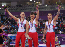 Azərbaycanın kişilərdən ibarət gimnastika yığması bürünc medal qazandı. Bakı, Azərbaycan, 15 iyun 2015