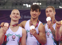 Azərbaycanın kişilərdən ibarət gimnastika yığması bürünc medal qazandı. Bakı, Azərbaycan, 15 iyun 2015