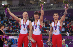 Azərbaycanın kişilərdən ibarət gimnastika yığması bürünc medal qazandı. Bakı, Azərbaycan, 15 iyun 2015