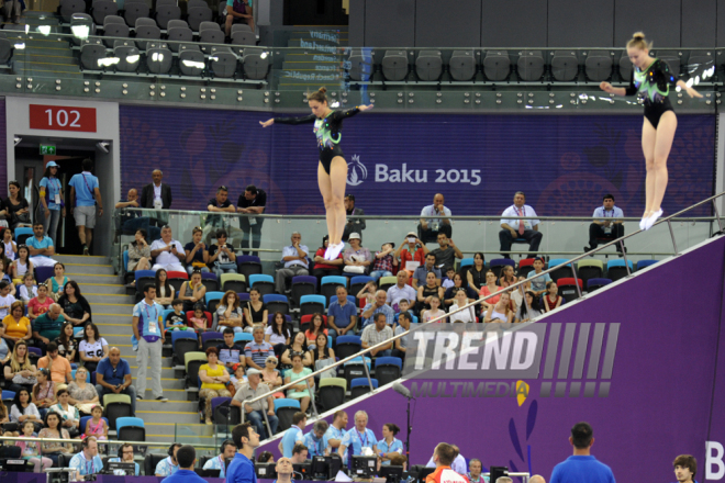 Birinci Avropa Oyunları çərçivəsində aerobika və batut gimnastikası üzrə təsnifat yarışlarının növbəti mərhələsi başlayıb. Bakı, Azərbaycan, 19 iyun 2015