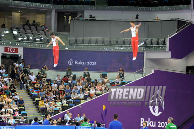 Birinci Avropa Oyunları çərçivəsində aerobika və batut gimnastikası üzrə təsnifat yarışlarının növbəti mərhələsi başlayıb. Bakı, Azərbaycan, 19 iyun 2015