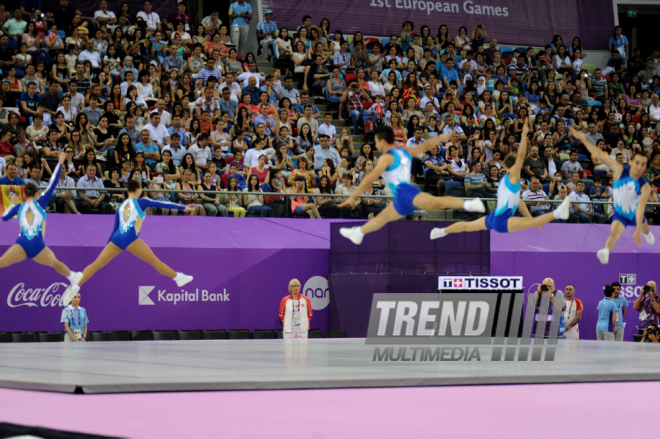 Birinci Avropa Oyunları çərçivəsində aerobika və batut gimnastikası üzrə təsnifat yarışlarının növbəti mərhələsi başlayıb. Bakı, Azərbaycan, 19 iyun 2015