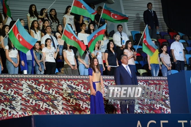 At opening ceremony of FIG World Cup Final in Rhythmic Gymnastics. Azerbaijan, Baku, 22 July 2016