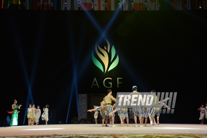 At opening ceremony of FIG World Cup Final in Rhythmic Gymnastics. Azerbaijan, Baku, 22 July 2016