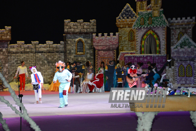 Azerbaijan Gymnastics Federation demonstrates show "Bremen Town Musicians". Azerbaijan, Baku, december 24, 2016