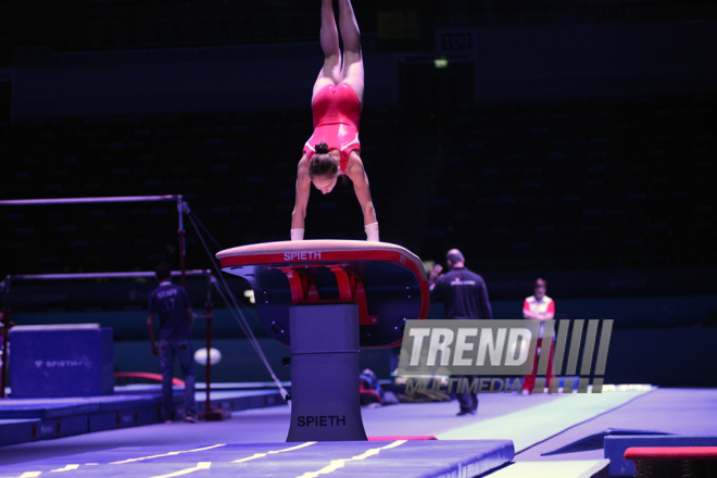 İdman gimnastikası üzrə Dünya Kuboku iştirakçılarının podium məşqlərində. Bakı, Azərbaycan, 15 mart 2017