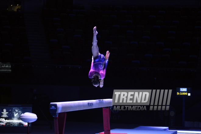 İdman gimnastikası üzrə Dünya Kuboku iştirakçılarının podium məşqlərində. Bakı, Azərbaycan, 15 mart 2017