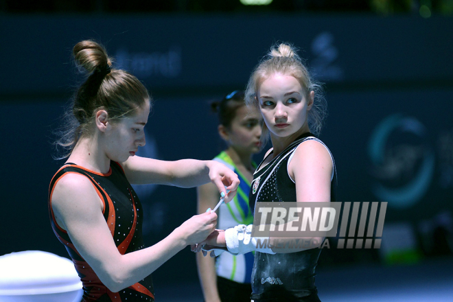 İdman gimnastikası üzrə Dünya Kuboku iştirakçılarının podium məşqlərində. Bakı, Azərbaycan, 15 mart 2017