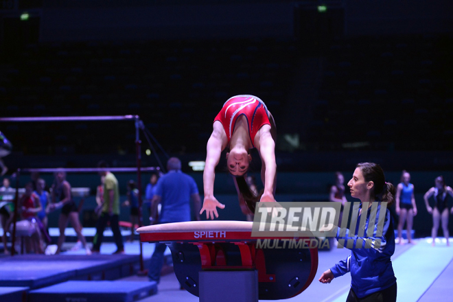 İdman gimnastikası üzrə Dünya Kuboku iştirakçılarının podium məşqlərində. Bakı, Azərbaycan, 15 mart 2017