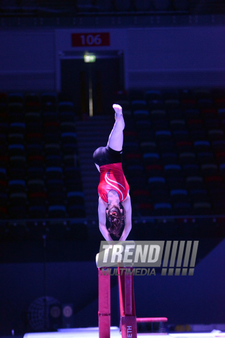 İdman gimnastikası üzrə Dünya Kuboku iştirakçılarının podium məşqlərində. Bakı, Azərbaycan, 15 mart 2017