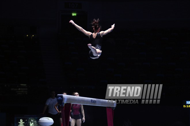 İdman gimnastikası üzrə Dünya Kuboku iştirakçılarının podium məşqlərində. Bakı, Azərbaycan, 15 mart 2017