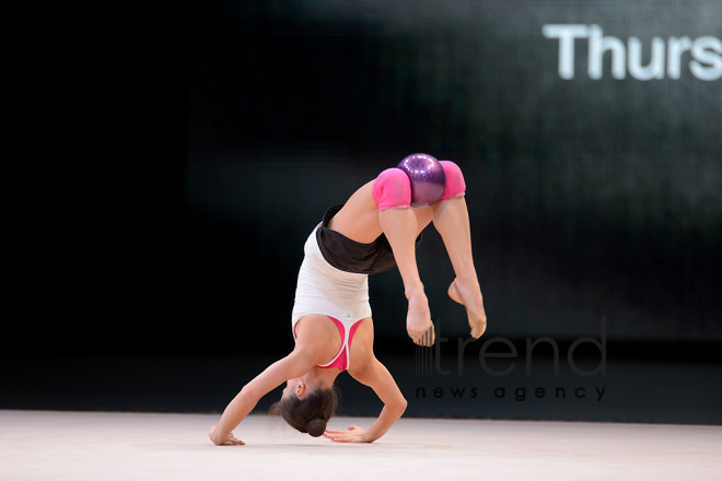 Bakıda bədii gimnastika üzrə Dünya Kuboku iştirakçılarının podium məşqləri keçirilir. Azərbaycan, 27 aprel, 2017