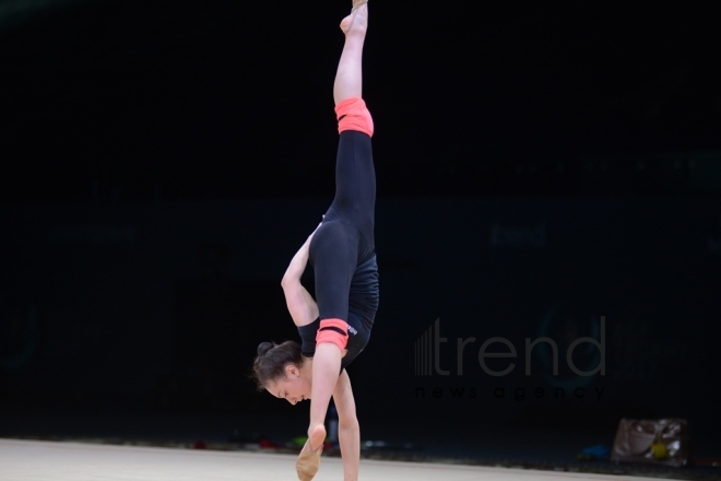 Bakıda bədii gimnastika üzrə Dünya Kuboku iştirakçılarının podium məşqləri keçirilir. Azərbaycan, 27 aprel, 2017