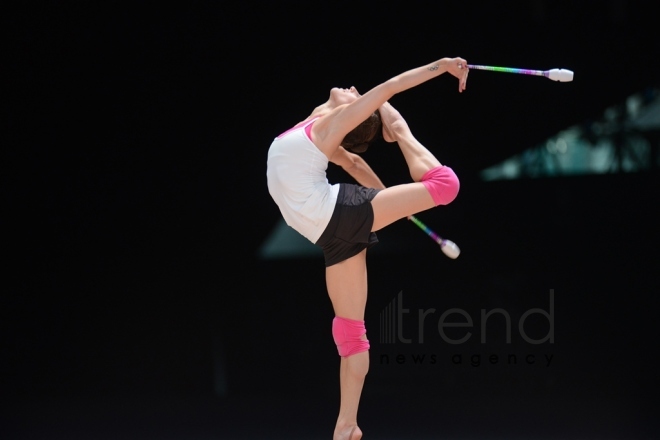 Bakıda bədii gimnastika üzrə Dünya Kuboku iştirakçılarının podium məşqləri keçirilir. Azərbaycan, 27 aprel, 2017