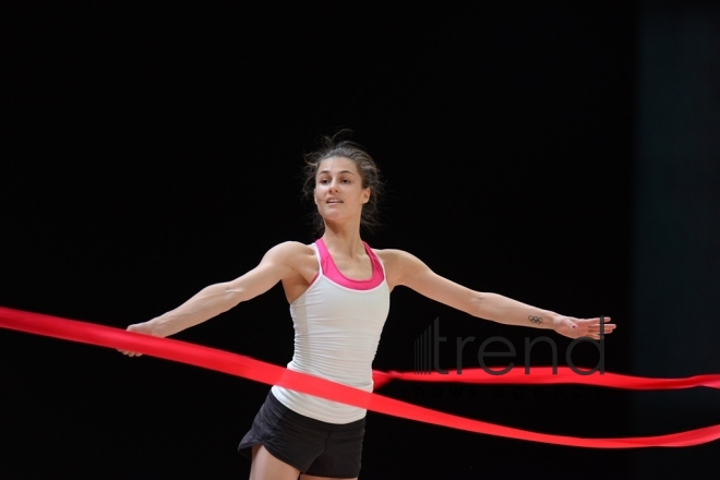 Bakıda bədii gimnastika üzrə Dünya Kuboku iştirakçılarının podium məşqləri keçirilir. Azərbaycan, 27 aprel, 2017