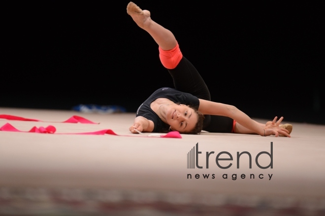 Bakıda bədii gimnastika üzrə Dünya Kuboku iştirakçılarının podium məşqləri keçirilir. Azərbaycan, 27 aprel, 2017