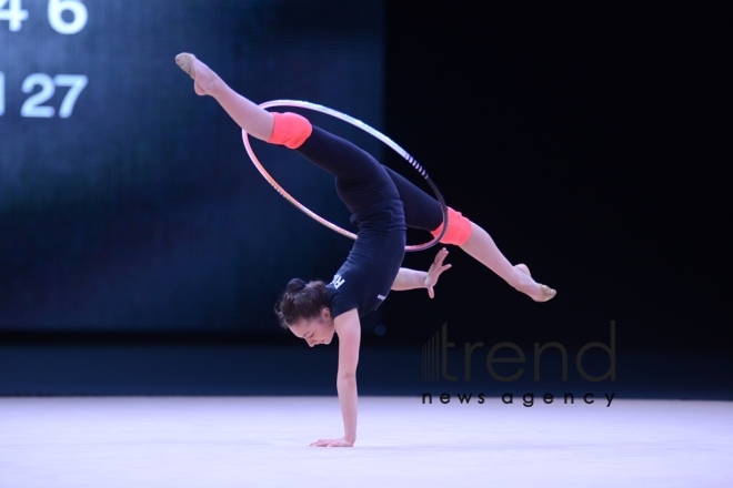 Bakıda bədii gimnastika üzrə Dünya Kuboku iştirakçılarının podium məşqləri keçirilir. Azərbaycan, 27 aprel, 2017