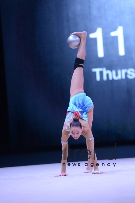 Bakıda bədii gimnastika üzrə Dünya Kuboku iştirakçılarının podium məşqləri keçirilir. Azərbaycan, 27 aprel, 2017