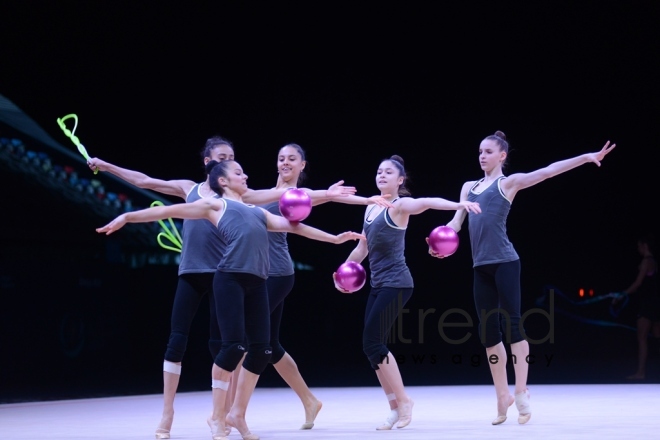 Bakıda bədii gimnastika üzrə Dünya Kuboku iştirakçılarının podium məşqləri keçirilir. Azərbaycan, 27 aprel, 2017