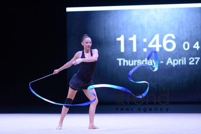 Bakıda bədii gimnastika üzrə Dünya Kuboku iştirakçılarının podium məşqləri keçirilir. Azərbaycan, 27 aprel, 2017