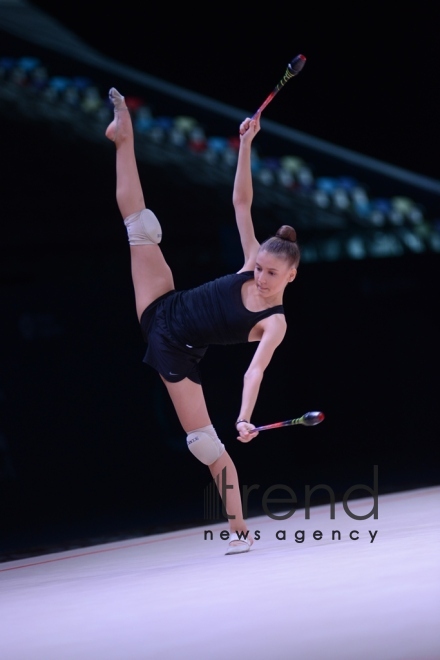 Bakıda bədii gimnastika üzrə Dünya Kuboku iştirakçılarının podium məşqləri keçirilir. Azərbaycan, 27 aprel, 2017