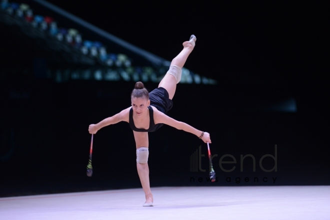 Bakıda bədii gimnastika üzrə Dünya Kuboku iştirakçılarının podium məşqləri keçirilir. Azərbaycan, 27 aprel, 2017