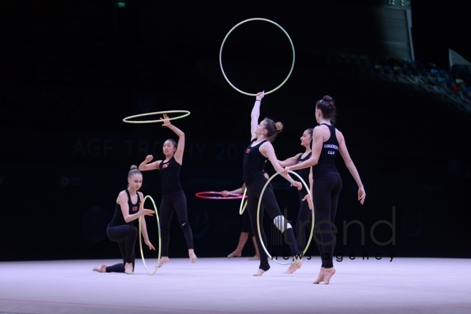 Bakıda bədii gimnastika üzrə Dünya Kuboku iştirakçılarının podium məşqləri keçirilir. Azərbaycan, 27 aprel, 2017