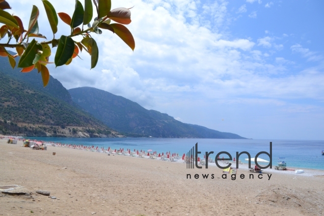 Ölüdeniz national park (Blue Lagoon) - at the intersection point of the Aegean Sea and the Mediterranean Sea. Turkey, Fethiye, June 29, 2017