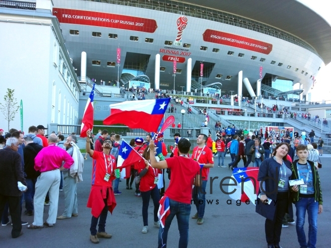 Chile, Germany teams fans before final match of FIFA Confederations Cup at St. Petersburg Arena stadium. Russia, 2 july, 2017