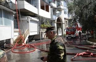 Residential building bursts into flame in Baku city center. 
Azerbaijan, Baku, July 24, 2017