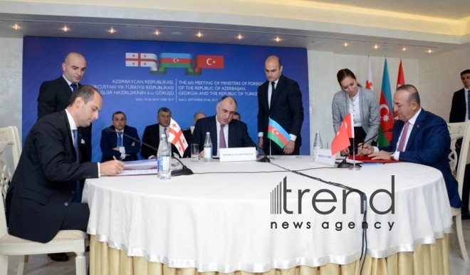 Azerbaijani, Georgian, Turkish FMs hold tripartite consultations in Baku. Azerbaijan, september 6, 2017
