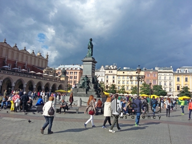 Market square (Rynek Glowny) in heart of Krakow. Poland, Krakow, september 14, 2017 