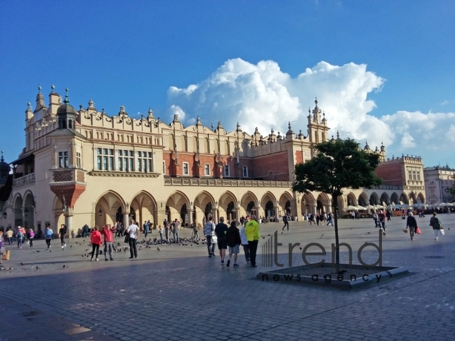 Market square (Rynek Glowny) in heart of Krakow. Poland, Krakow, september 14, 2017 