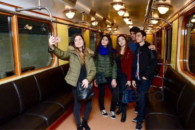 Baku Metro demonstrates retro cars within 50th anniversary. Azerbaijan, Baku, November 8, 2017