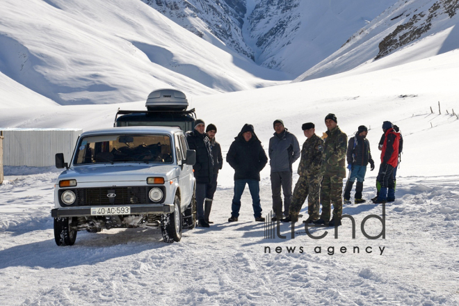 Azerbaijani Ministry of Emergency Situations searching for missing mountaineers in mountains of Guba district. Azerbaijan, Guba, january 9, 2018
