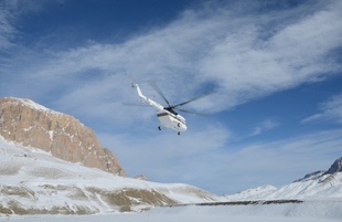 Azerbaijani Ministry of Emergency Situations searching for missing mountaineers in mountains of Guba district. Azerbaijan, Guba, january 9, 2018
