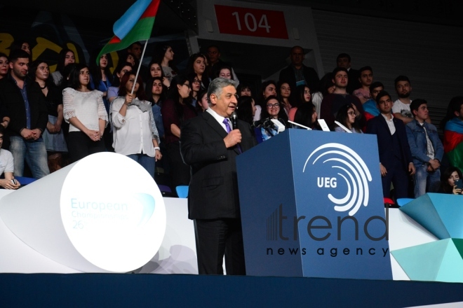 Baku hosts solemn opening ceremony of European Championships in Trampoline, Double Mini-Trampoline and Tumbling.Azerbaijan, Baku, april 12 , 2018