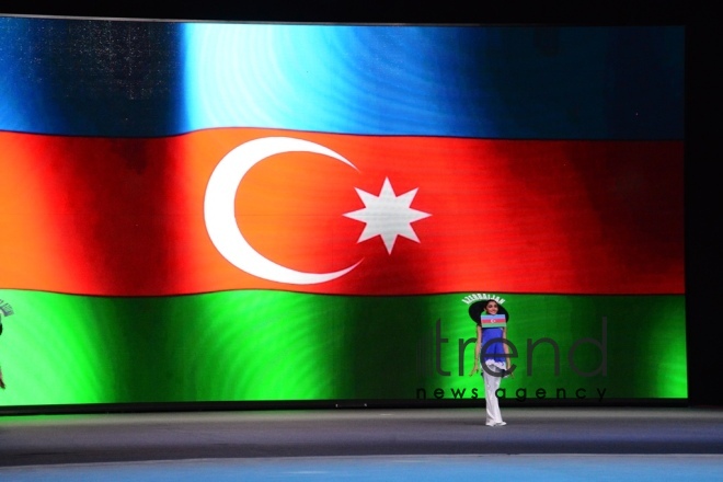 Baku hosts solemn opening ceremony of FIG World Cup in Rhythmic Gymnastics. Azerbaijan, Baku, april 27 2018