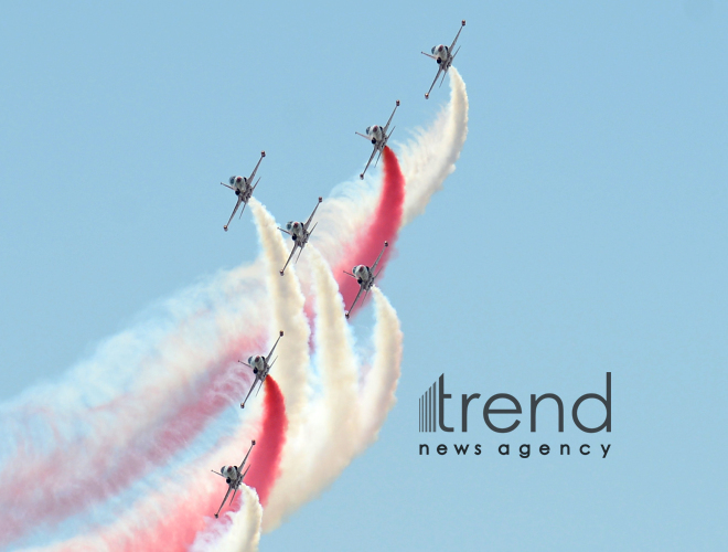 Turkish fighters over the Baku bay. Azerbaijan, Baku, June 26 , 2018
